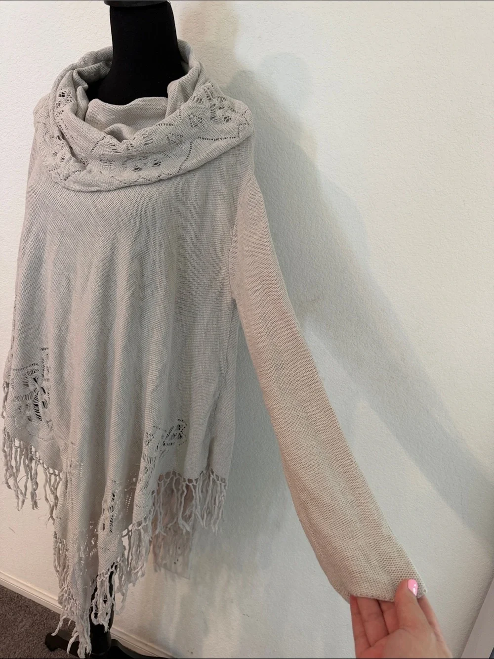 Free People Light Gray Crochet-Trim Cowl Poncho Sweater